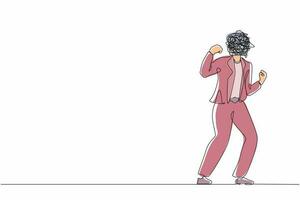 Single one line drawing businesswoman with round scribbles instead of a head. Angry annoyed worker with clenched fists. Aggressive mood, toxic communication. Continuous line draw design graphic vector