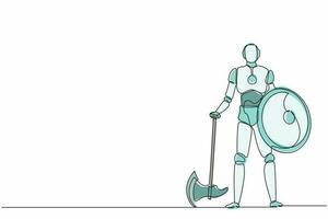 Continuous one line drawing robots stands holding big axe and shield. Humanoid robot cybernetic organism. Future robotics development concept. Single line draw design vector graphic illustration