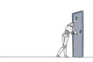 Single one line drawing robot standing and pushing closed door. Future technology development. Artificial intelligence and machine learning process. Continuous line design graphic vector illustration