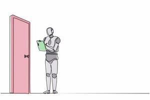 Continuous one line drawing robots standing in front of door and writing on clipboard. Humanoid robot cybernetic organism. Future robotics development concept. Single line draw design vector graphic