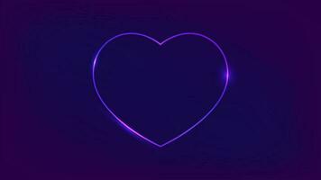 Neon frame in heart form with shining effects on dark background. Empty glowing techno backdrop. Vector illustration.