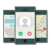 Set of three mobile phones. Mobile phone with incoming call, map of the city and chat. Vector illustration