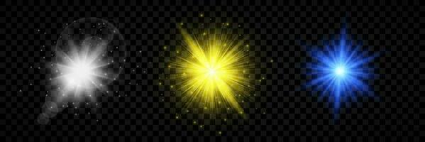 Light effect of lens flares. Set of three white, yellow and blue glowing lights starburst effects with sparkles vector