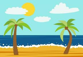 Cartoon nature landscape with two palms in the summer beach. Vector illustration.