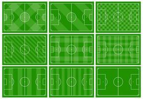Set of nine football fields with different green grass ornaments. Soccer field for playing. Vector illustration