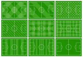 Set of nine football fields with different green grass ornaments. Soccer field for playing. Vector illustration