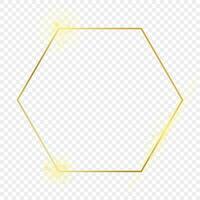 Gold glowing hexagon frame isolated on background. Shiny frame with glowing effects. Vector illustration.
