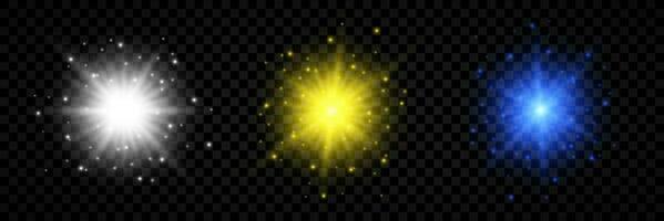 Light effect of lens flares. Set of three white, yellow and blue glowing lights starburst effects with sparkles vector