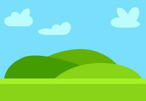 Natural cartoon landscape in the flat style with green hills, blue sky and clouds at sunny day. Vector illustration