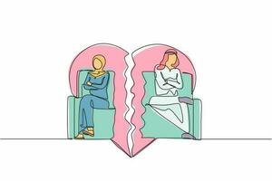 Single one line drawing unhappy stubborn Arab couple sit separate on cut couch have family fight or quarrel. Angry mad man and woman lovers avoid ignore talking. Continuous line design graphic vector