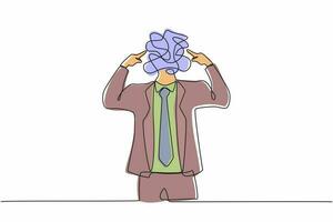 Continuous one line drawing businessman with round scribbles instead of a head. Office worker covering his ears with fingers. Person closing ear for loud noise. Single line draw design vector graphic