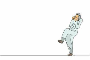 Single continuous line drawing happy Arabian businessman standing with  fold one leg and do yes gesture with both hands. Office worker celebrate success of company project. One line draw design vector