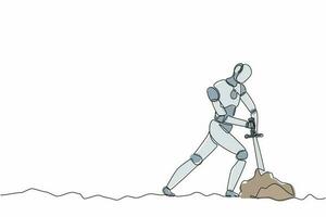 el robot de dibujo de una sola línea intenta sacar la espada excalibur atascada de la piedra. tecnología del futuro. proceso de aprendizaje automático de inteligencia artificial. ilustración de vector gráfico de diseño de línea continua