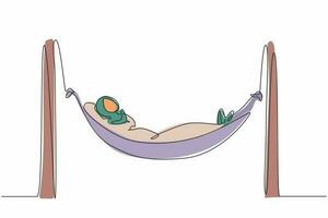 Single continuous line drawing Arab businesswoman is lying in hammock and dreaming about big money. Comfort and recreation. Achieve financial freedom. One line draw graphic design vector illustration