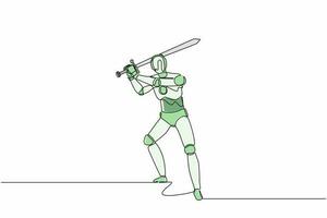 Continuous one line drawing robots standing and swinging big sword gesture. Humanoid robot cybernetic organism. Future robotics development concept. Single line draw design vector graphic illustration