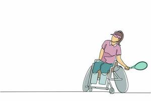 deportista de dibujo de una línea continua con silla de ruedas jugando al tenis. concepto de sociedad, comunidad de personas con discapacidad. aficiones, intereses. ilustración gráfica de vector de diseño de línea única