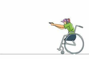 Single continuous line drawing young sportswoman in wheelchair engaged in sports shooting with gun. Hobbies and interests of people with disabilities. One line draw graphic design vector illustration