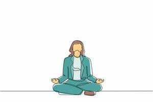 dibujo continuo de una línea joven empresaria haciendo yoga. oficinista sentado en pose de yoga, meditación, relajación, calma y manejo del estrés. ilustración gráfica de vector de diseño de dibujo de una sola línea