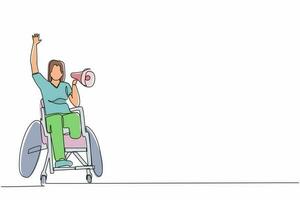 dibujo continuo de una línea feliz discapacidad mujer joven en silla de ruedas celebrando la victoria del equipo de fútbol con megáfono. Usuario de silla de ruedas para aficionados al fútbol. gráfico vectorial de diseño de dibujo de una sola línea vector