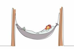 Continuous one line drawing Arabian businessman is lying in hammock and dreaming about big money. Comfort and recreation. Achieve financial freedom. Single line draw design vector graphic illustration