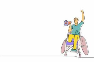 dibujo de una sola línea feliz discapacidad joven en silla de ruedas celebrando la victoria del equipo de fútbol con megáfono. Usuario de silla de ruedas para aficionados al fútbol. vector gráfico de diseño de dibujo de línea continua