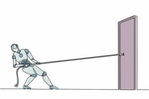 Continuous one line drawing robot pulling and trying open door with rope. Humanoid robot cybernetic organism. Future robotics development concept. Single line draw design vector graphic illustration