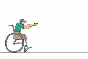 Single one line drawing young sportsman in wheelchair engaged in sports shooting with a gun. Hobbies and interests of people with disabilities. Continuous line draw design graphic vector illustration