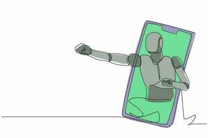 un solo robot de dibujo de una línea sale del teléfono celular con una pose de puñetazo. desarrollo tecnológico futuro. proceso de inteligencia artificial y aprendizaje automático. vector de diseño de dibujo de línea continua