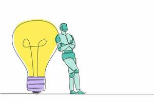 Single one line drawing robot lean on giant light bulb. Future technology development. Artificial intelligence and machine learning process. Continuous line draw design graphic vector illustration