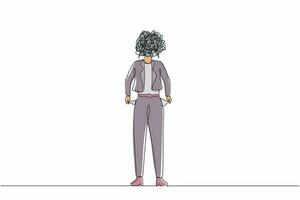 Single one line drawing businesswoman with round scribbles instead of head. Female manager with pockets turned outward, having no money. Bankrupt person. Continuous line draw design graphic vector
