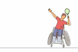 Single continuous line drawing  badminton player sitting on wheelchair with smash pose. Disabled sportsmen wear uniform, young amputee man sport competition. One line graphic design vector
