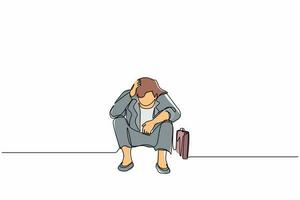 mujer de negocios de dibujo de una sola línea que se siente triste, deprimida, sosteniendo la cabeza y sentada en el suelo. problemas de salud mental de los trabajadores frustrados. ilustración de vector gráfico de diseño de dibujo de línea continua