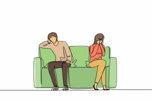 Single one line drawing sad unhappy husband and wife sitting on couch and keeping silence after quarrel at home. Problems in communication and fight. Continuous line design graphic vector illustration