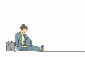 Continuous one line drawing depressed businesswoman with briefcase sitting in despair on the floor. Entrepreneur sad gesture expression. Professional burnout syndrome. Single line draw design vector