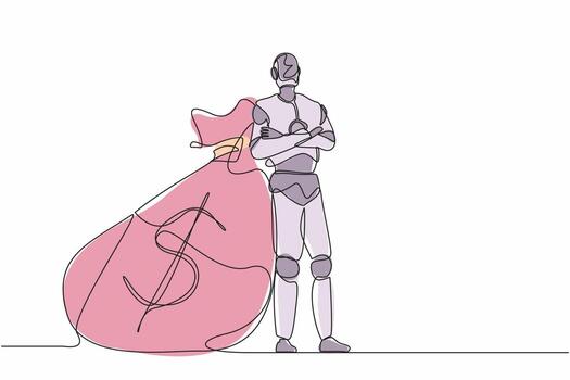 los robots de dibujo de una sola línea continua se apoyan en una bolsa de dinero en efectivo completa. robótica moderna tecnología de inteligencia artificial. industria de la tecnología electrónica. ilustración de vector de diseño gráfico de dibujo de una línea