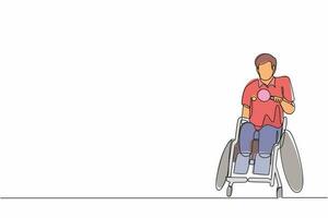 Single continuous line drawing disabled sportsman in wheelchair playing table tennis. Disability games championship. Hobbies, interests of people with disabilities. One line draw graphic design vector