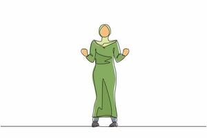 Single continuous line drawing happy Arabian businesswoman standing with both hands do gesture yes. Office worker celebrate success of company project. One line draw graphic design vector illustration