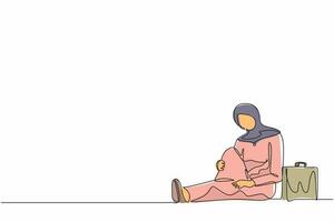 dibujo de una sola línea continua mujer de negocios árabe deprimida con maletín sentada desesperada en el suelo. empresario expresión de gesto triste. síndrome de desgaste profesional. vector de diseño de una línea