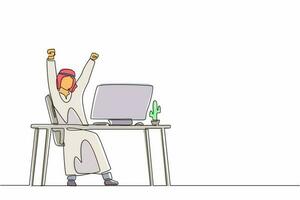 Single one line drawing happy Arab businessman sitting with raised hands on the his workplace. Office worker celebrates salary increase from company. Continuous line design graphic vector illustration