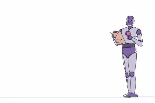 robot de dibujo de una sola línea que sostiene el portapapeles y muestra el gesto de pulgar hacia arriba. desarrollo tecnológico futuro. Proceso de inteligencia artificial y aprendizaje automático. vector de diseño de dibujo de línea continua