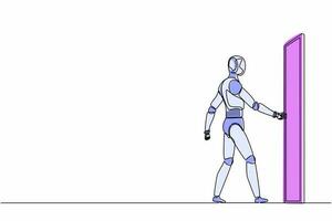 Single continuous line drawing robots holding door knob and enter work space. Modern robotics artificial intelligence technology. Electronic technology industry. One line draw graphic design vector