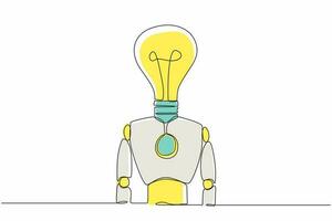 Single one line drawing robot with light bulb instead of head. Future technology development. Artificial intelligence and machine learning process. Continuous line design graphic vector illustration