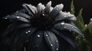 agua soltar en un negro flor, ai generado foto