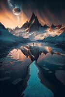 man standing on top of a mountain next to a body of water. . photo