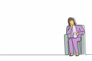 mujer de negocios de dibujo de una sola línea continua sentada en el sofá, sintiéndose estresada, sola. el trabajador ansioso se sienta en el sofá, llora, se siente frustrado, deprimido, sufre. ilustración de vector de diseño de dibujo de una línea