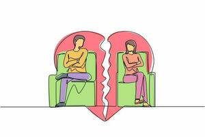 Single continuous line drawing unhappy stubborn couple sit separate on cut couch have family fight or quarrel. Angry mad man and woman lovers avoid ignore talking. One line draw graphic design vector