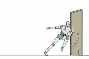 Single continuous line drawing robots running wants to break down the door. Modern robotics artificial intelligence technology. Electronic technology industry. One line draw design vector illustration