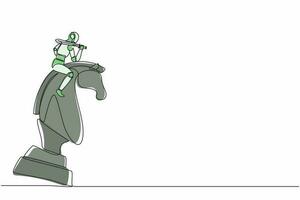 Single continuous line drawing robots riding big chess horse knight with sword. Modern robotics artificial intelligence technology. Electronic technology industry. One line draw graphic design vector