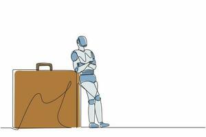 Continuous one line drawing robots lean on huge briefcase. Modern robotics artificial intelligence technology. Electronic technology industry. Single line draw design vector graphic illustration