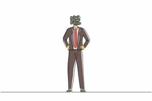 Single continuous line drawing businessman with round scribbles instead of head. Male manager standing and holding hand on hip. Office worker pose. One line draw graphic design vector illustration